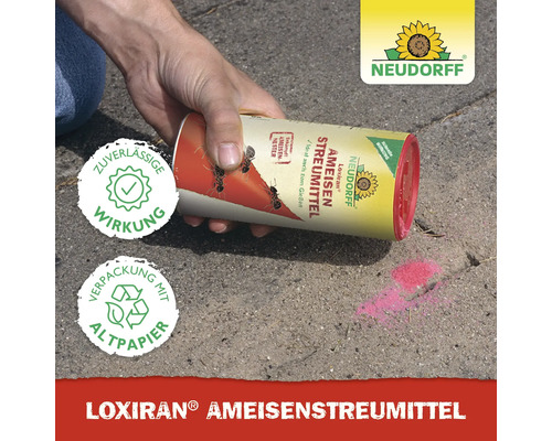 Loxiran Ameisenstreumittel in Anwendung gegen Ameisen, Neudorff Logo, Verpackung aus Altpapier, zuverlässige Wirkung