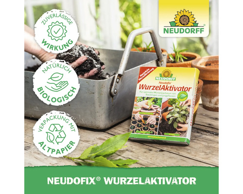 Neudorff Neudofix Wurzelaktivator mit Symbolen für zuverlässige Wirkung, natürliche Inhaltsstoffe und Altpapierverpackung