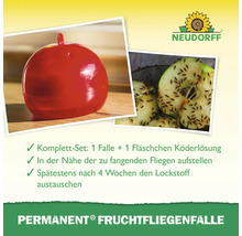 Neudorff Logo. Fruchtfliegenfalle Set mit Falle und Köderlösung.