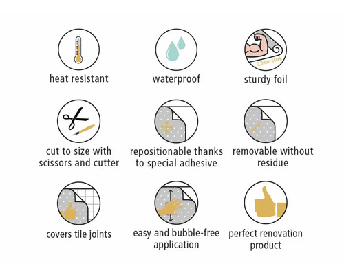 Eigenschaften: Hitzebeständig, wasserfest, robuste Folie, mit Schere und Messer zuschneidbar, dank Spezialkleber repositionierbar, rückstandslos entfernbar, deckt Fliesenfugen ab, einfache und blasenfreie Verarbeitung, perfektes Renovierungsprodukt