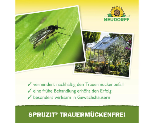 Neudorff Logo. Darstellung einer Trauermücke auf einem Blatt und eines Gewächshauses. Spruzit Trauermückenfrei.