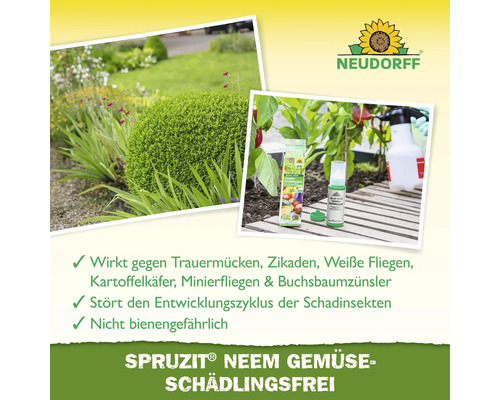 Neudorff Logo. Produktbild von Spruzit Neem Gemüse Schädlingsfrei mit Anwendungsbeispielen im Garten.
