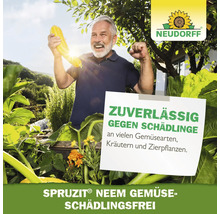 Ein Mann hält Zucchini im Gemüsegarten, im Hintergrund das Neudorff Logo. Zu sehen ist der Text: Zuverlässig gegen Schädlinge an vielen Gemüsearten, Kräutern und Zierpflanzen sowie Sprzit Neem Gemüse Schädlingsfrei.