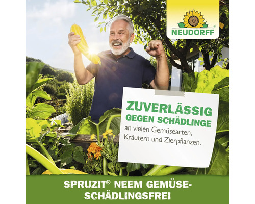 Ein Mann hält Zucchini im Gemüsegarten, im Hintergrund das Neudorff Logo. Zu sehen ist der Text: Zuverlässig gegen Schädlinge an vielen Gemüsearten, Kräutern und Zierpflanzen sowie Sprzit Neem Gemüse Schädlingsfrei.