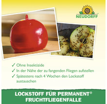 Neudorff Logo. Lockstoff für Fruchtfliegenfalle, ohne Insektizide. Aufstellen in der Nähe der zu fangenden Fliegen. Lockstoff alle 4 Wochen austauschen.