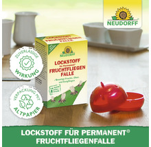 Neudorff Lockstoff für permanente Fruchtfliegenfalle und eine Fruchtfliegenfalle in Apfelform
