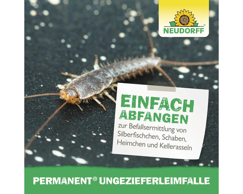Nahaufnahme eines Silberfischchens neben einem Zettel mit der Aufschrift Einfach Abfangen zur Befallsermittlung von Silberfischchen, Schaben, Heimchen und Kellerasseln und dem Neudorff Logo.