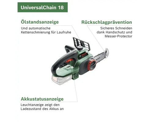 Akkubetriebene Kettensäge mit Ölstandsanzeige, Rückschlagprävention und Akkustatusanzeige