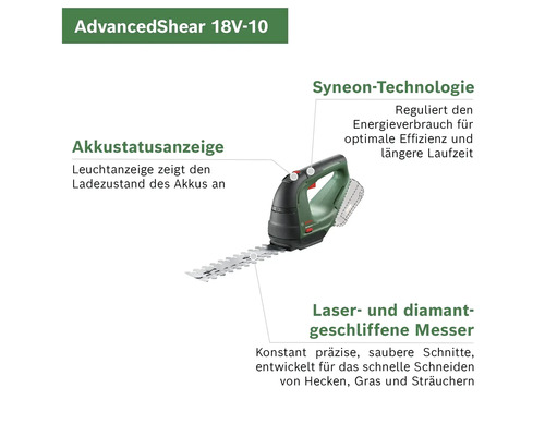 Bosch AdvancedShear 18V-10 Akku-Grasschere mit Akku-Ladezustandsanzeige und laser- und diamantgeschliffenen Messern