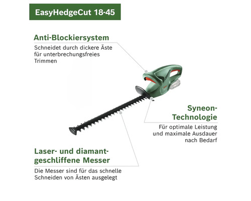 Bosch EasyHedgeCut 18-45 Heckenschere mit Anti-Blockiersystem und lasergeschnittenen Messern