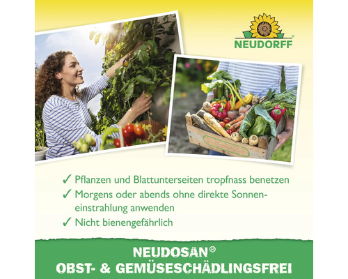 Anwendungsbeispiele für Neudosan Schädlingsfrei mit Neudorff Logo. Das Mittel ist nicht bienengefährlich.