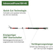 Akku-Gartenschere Bosch Advanced Prune 18 V-45, ohne Akku und Ladegerät inkl. Verlängerungsstange