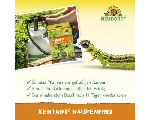 Neudorff Xentari Raupenfrei Produktbild mit Sprühgerät und Raupe