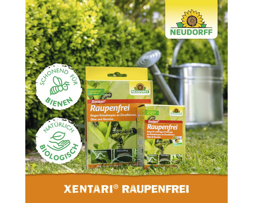 Xentari Raupenfrei Schädlingsbekämpfungsmittel mit Neudorff Logo und Symbolen für Bienenschonend und Biologisch
