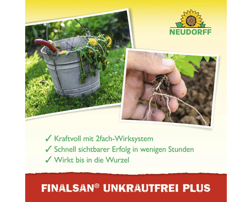 Finalsan Unkrautfrei Plus Produktbild mit Eimer voller Unkraut und Hand mit Pflanzenwurzel