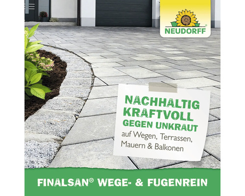 Finalsan Wege und Fugenreiniger auf Pflastersteinen mit Neudorff Logo