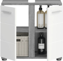 Badezimmerschrank mit offenen Türen, Regalen und Aufbewahrungsbehältern