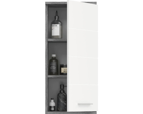 Badezimmerschrank mit Regalen und weißer Tür