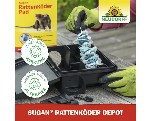 Sugan Rattenköder Depot mit Rattenköder Pads und Neudorff Logo
