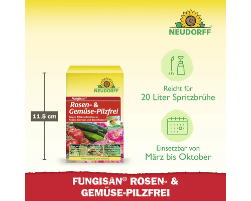 Fungisan Rosen und Gemüse Pilzfrei zur Bekämpfung von Pilzkrankheiten, ausreichend für 20 Liter Spritzbrühe, Anwendungszeitraum März bis Oktober, Höhe 11,5 cm. Nicht bienengefährlich.