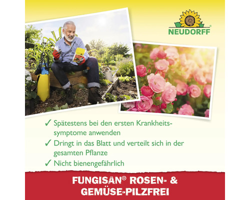 Anwendungsbild Fungisan Rosen und Gemüse pilzfrei mit Neudorff Logo