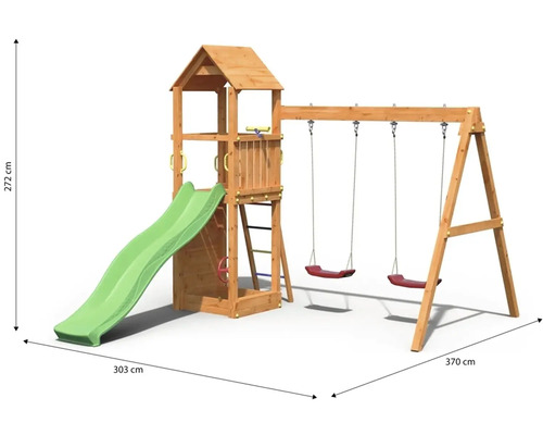 Spielturm mit Rutsche und Schaukel mit den Maßen 272 cm Höhe, 303 cm Breite und 370 cm Länge.