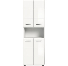 Weißer Mehrzweckschrank mit vier Türen und einem offenen Fach.