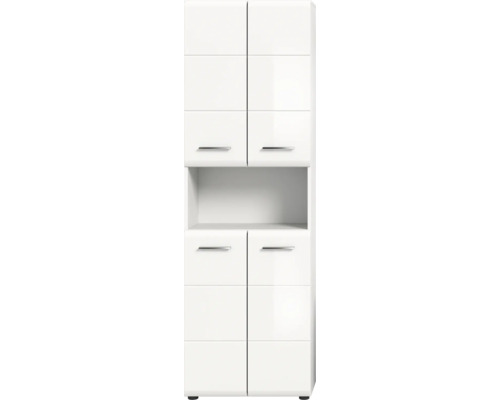 Weißer Mehrzweckschrank mit vier Türen und einem offenen Fach.