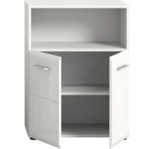 Weißer Badschrank mit zwei offenen Türen und Regalböden