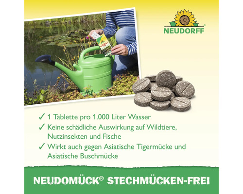 Neudorff Neudomück Stechmücken-frei Tabletten zur Mückenbekämpfung, mit Gießkanne und Anwender im Hintergrund
