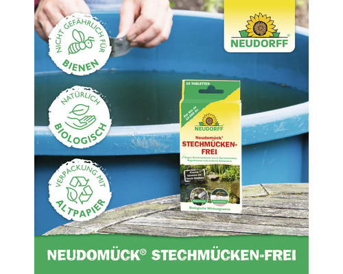 Neudorff Neudomück Stechmücken-Frei Packung mit Siegeln und einer Person, die eine Tablette in einen Teich wirft