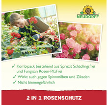 Neudorff Logo. Frau pflegt Rosen. Rosen sind von Spinnmilben und Zikaden befallen.