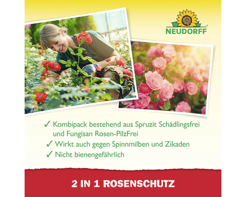 Neudorff Logo. Frau pflegt Rosen. Rosen sind von Spinnmilben und Zikaden befallen.