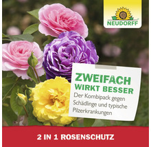 Neudorff Logo. Rosen mit Hinweis auf Schädlings- und Pilzbekämpfung.