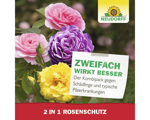 Neudorff Logo. Rosen mit Hinweis auf Schädlings- und Pilzbekämpfung.