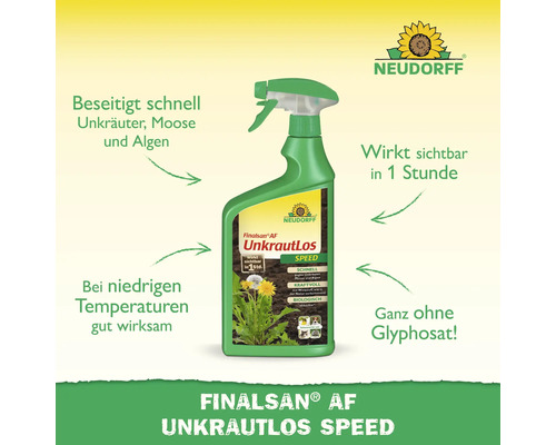 Finalsan UnkrautLos Speed Unkrautvernichter in einer grünen Sprühflasche von Neudorff