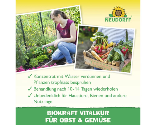 Frau behandelt Pflanzen im Gewächshaus, eine Person hält eine Kiste mit Gemüse, Neudorff Logo, Hinweise zur Anwendung des Produkts Biokraft Vitalkur für Obst und Gemüse