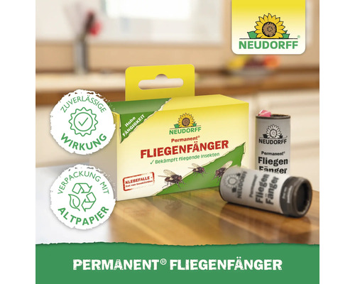 Neudorff Permanent Fliegenfänger Produktverpackung und Anwendungsbeispiele
