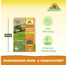 Neudorff Rasendünger Moos und Unkrautstopp Packung mit Maßangabe 31 Zentimeter