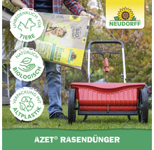 Eine Person streut Rasendünger aus einer Tüte in einen Düngerstreuer. Neudorff Logo.