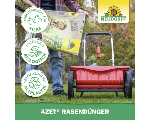 Eine Person streut Rasendünger aus einer Tüte in einen Düngerstreuer. Neudorff Logo.