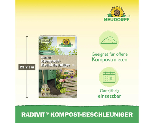 Radivit Kompost Beschleuniger Verpackung mit Abmessungsangabe 23,2 cm und Neudorff Logo