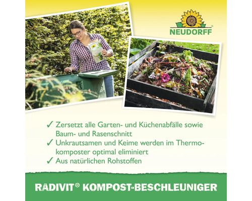 Radivit Kompostbeschleuniger von Neudorff: Frau befüllt Komposter mit Gartenabfällen, Produktvorteile im Überblick und Neudorff Logo.
