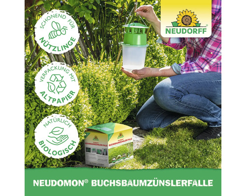 Neudorff Neudomon Buchsbaumzünslerfalle mit Verpackung und Hinweisen zu Nützlingsschonung, Altpapierverpackung und biologischer Herstellung