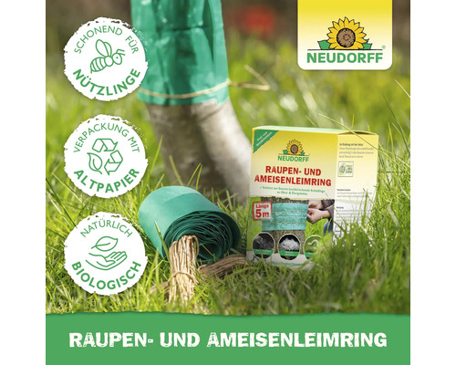 Neudorff Raupen- und Ameisenleimring Packung und angebracht am Baum