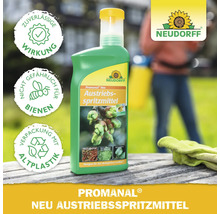 Neudorff Promanal Neu Austriebsspritzmittel Flasche mit Symbol für zuverlässige Wirkung, bienenfreundlich und Verpackung mit Altplastik