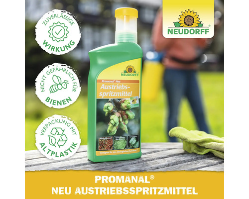 Neudorff Promanal Neu Austriebsspritzmittel Flasche mit Symbol für zuverlässige Wirkung, bienenfreundlich und Verpackung mit Altplastik