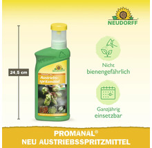 Promanal Neu Austriebsspritzmittel in einer 24,5 cm hohen Flasche von Neudorff. Das Produkt ist nicht bienengefährlich und ganzjährig einsetzbar.