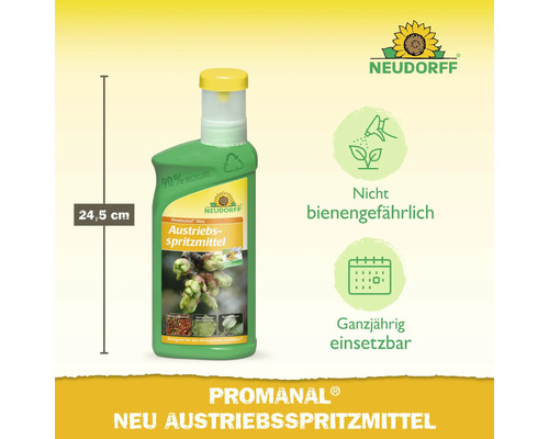 Promanal Neu Austriebsspritzmittel in einer 24,5 cm hohen Flasche von Neudorff. Das Produkt ist nicht bienengefährlich und ganzjährig einsetzbar.