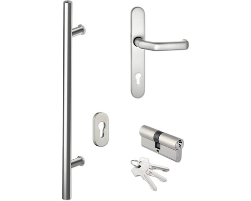 Türbeschlagset mit Türgriff, Schutzbeschlag, Türzylinder und Schlüssel